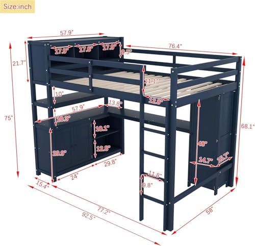 Full Size Loft Bed with Wardrobe and L-Shaped Desk, Metal with Storage Cubes, White Q15057