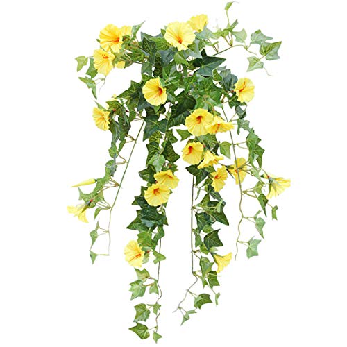 Calcifer 1 Branch(12 Stems/23 Flowers) Artificial Morning Glory Trumpet Flower Vine Plastic Flower Bouquet Hanging Wall Strings Flowers for Home Garden Wedding Party Decoration
