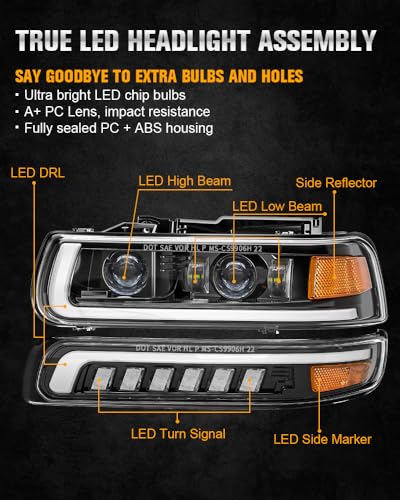 LED Headlights Assembly with Sequential Turn Signal for 1999-2006 Chevy Silverado Suburban Tahoe H92291