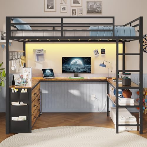 Loft Bed Full Size with U-Shaped Desk, Storage Drawers, Power Outlet, LED, Safety Guardrail & Ladders P611917