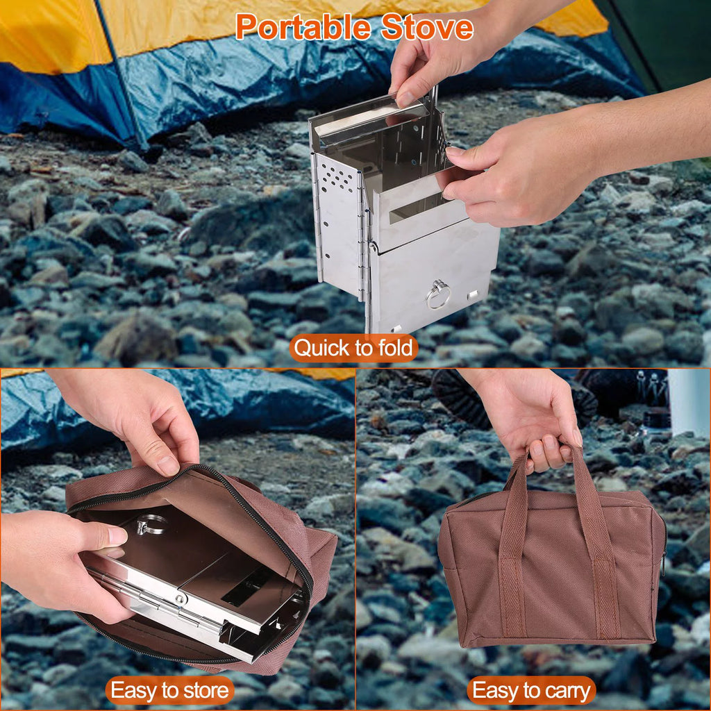 Folding Wood Burning Camp Stove, Portable Stainless Steel Backpacking Stove with Carry Bag V596178