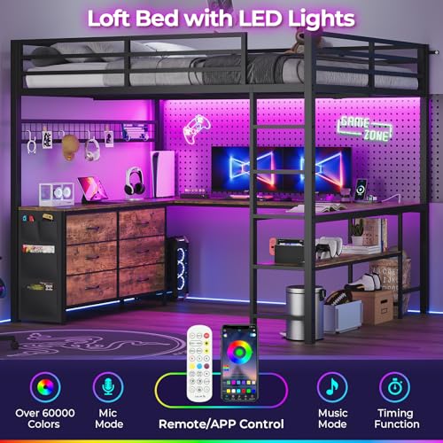 Loft Bed Full Size with U-Shaped Desk, Storage Drawers, Power Outlet, LED, Safety Guardrail & Ladders P611917
