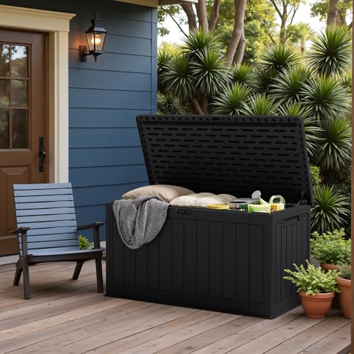 31 Gallon Resin Deck Box Waterproof Indoor Outdoor Storage for Patio Cushions and Garden Tools L90121