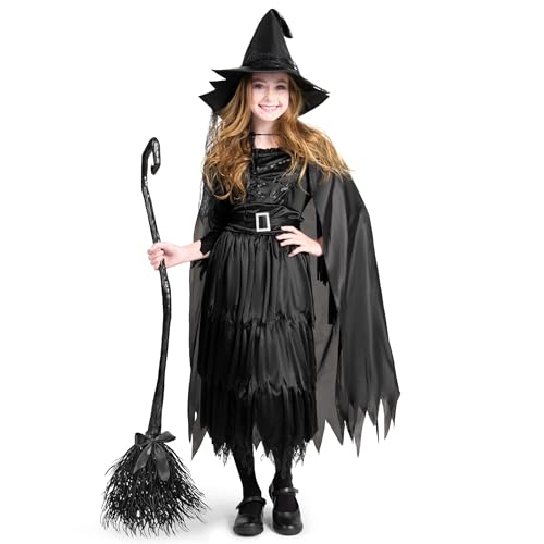 Kids Witch Costume with Broom and Hat, Halloween Party Dress, XL R9875