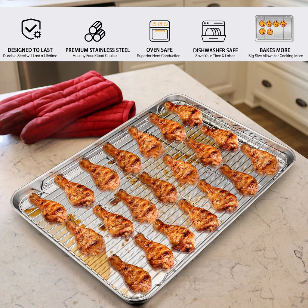 Extra Large Baking Sheet and Rack Set of 4, Stainless Steel Cookie Half Sheet Pan Rectangle B5431