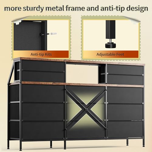 55" Dresser with 13 Fabric Drawers and 2 Open Shelves, Rustic Brown K688
