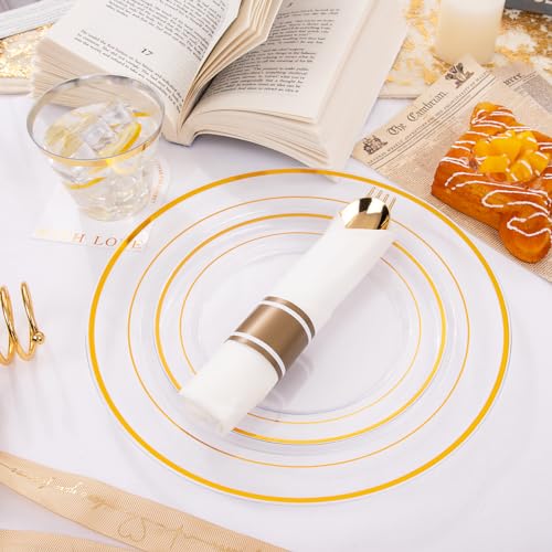 350PCS Clear Gold Plastic Dinnerware Set for 50 Guests, Disposable Plates, Cups & Silverware N692