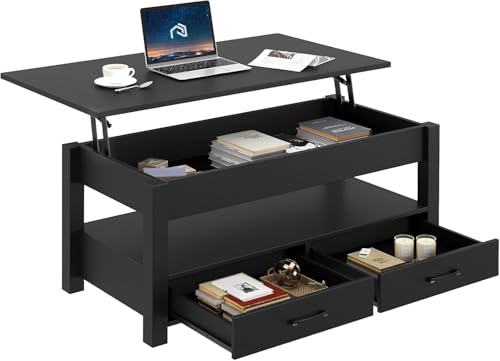 Lift Top Coffee Table with Drawers and Hidden Compartment, Wooden Retro Design for Living Room N4328