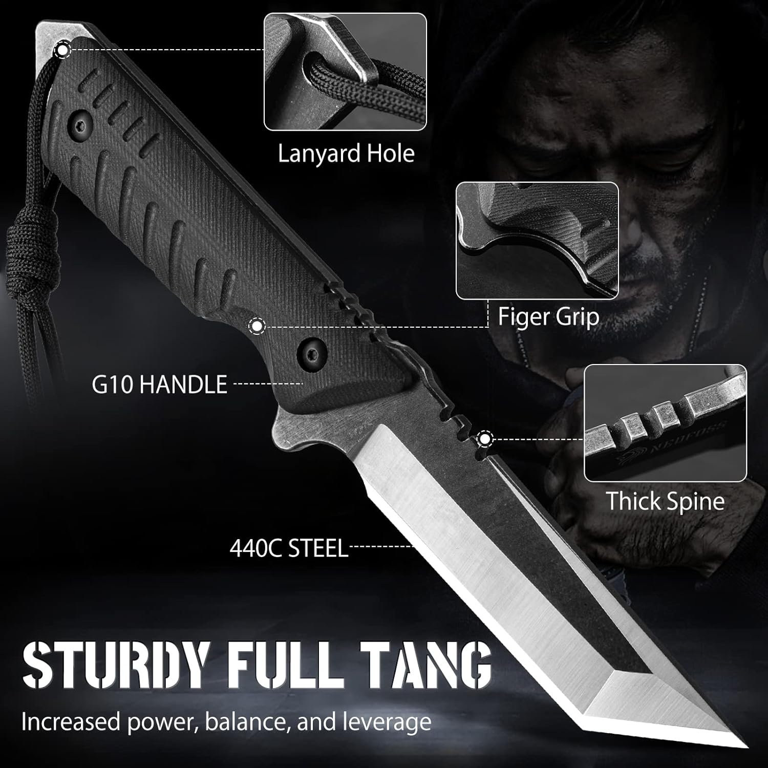 Tactical Survival Knife with Fire Starter and Kydex Sheath G160178