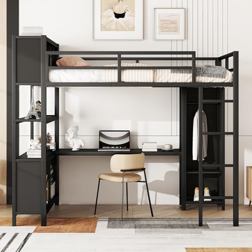 Metal Loft Bed with Wardrobe and L-Shaped Desk, Full Size with Storage Cubes and Shelves J450846