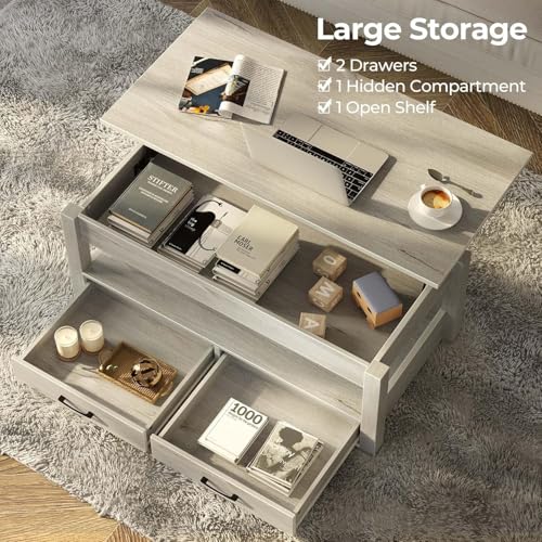 Lift Top Coffee Table with Drawers and Hidden Compartment, Wooden Retro Design for Living Room N4328