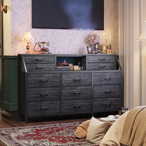 55" Dresser with 13 Fabric Drawers and 2 Open Shelves, Rustic Brown K688