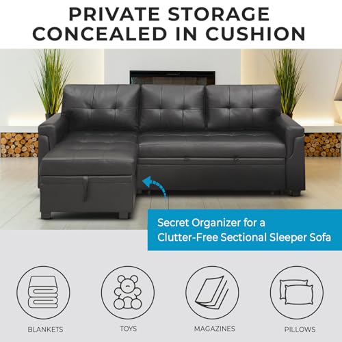 Convertible Sofa with Storage, Reversible L-Shape Couch, Black Y1589