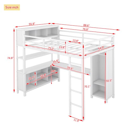 Full Size Loft Bed with Wardrobe and L-Shaped Desk, Metal with Storage Cubes, White Q15057