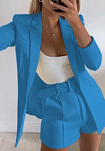 Women's 2 Piece Long Sleeve Blazer Shorts Set with Belt T7239