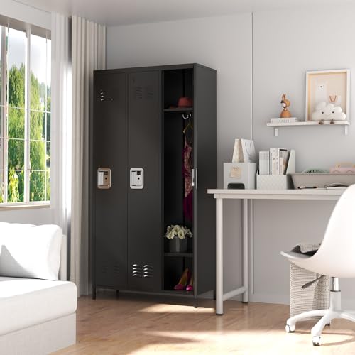 3-Door Steel Storage Locker with Shelves and Hooks I822961