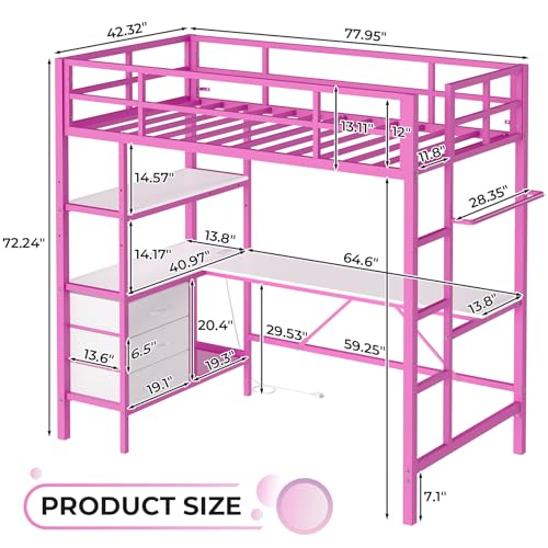 Loft Bed Full Size with L-Shaped Desk and Charging Station G796