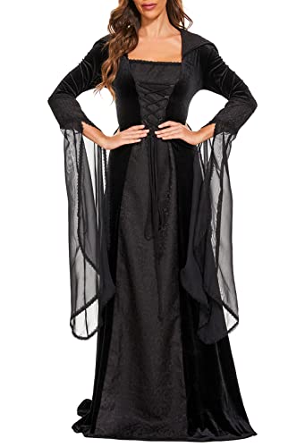 Medieval Victorian Dress for Women, Vintage Witch Halloween Costume with Hood W9109