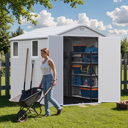 6×8FT Plastic Outdoor Storage Shed with Floor, Lockable Double Door J5369