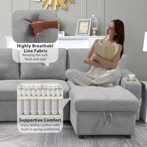 Reversible Sectional Sofa Bed with Storage Chaise, Linen Fabric, Light Gray B49418