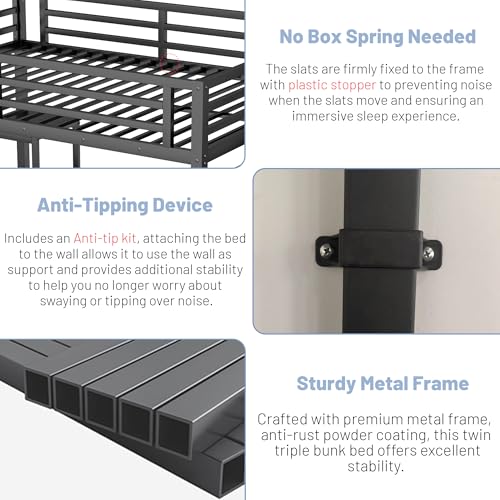 Queen Loft Bed with L-Shaped Desk and Stairs, Metal Frame, Black F92113