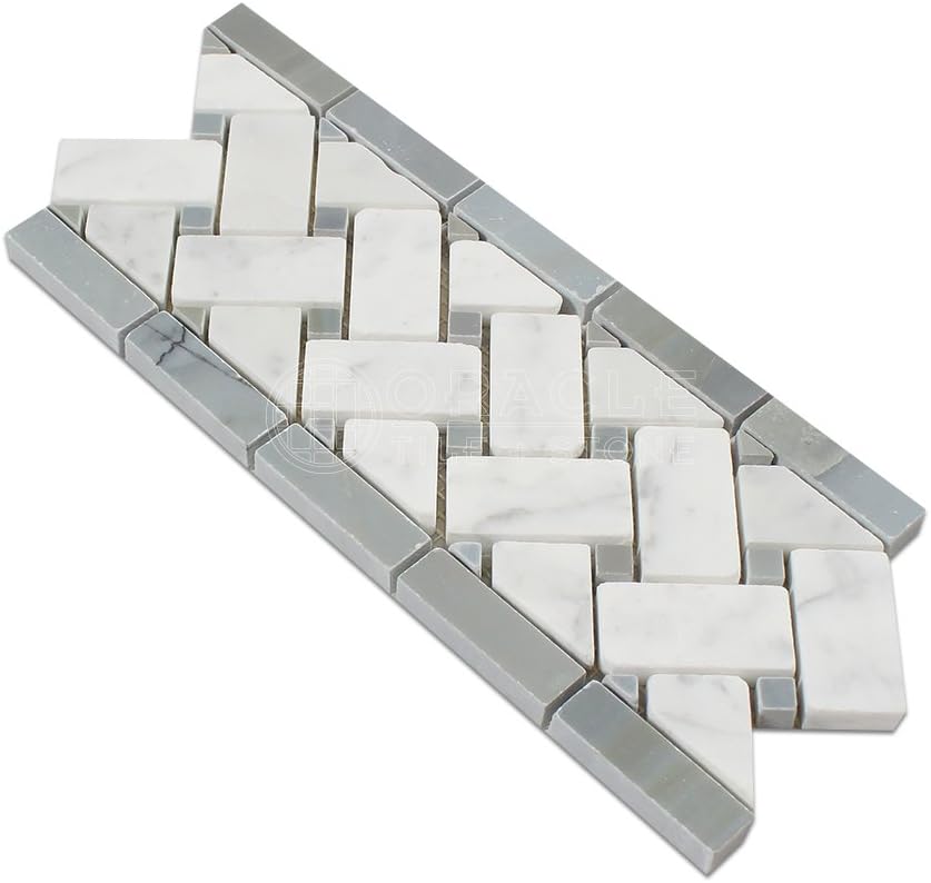 Marble Basketweave Border Mosaic Tile with Blue & Gray Dots, Polished O7895