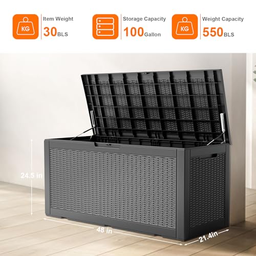 100 Gallon Resin Deck Box, Lockable Patio Outdoor Storage, Waterproof - Black F75230