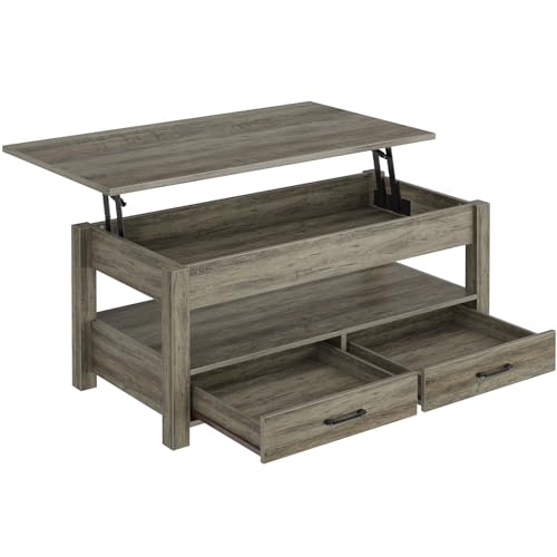 Lift Top Coffee Table with Drawers and Hidden Compartment, Wooden Retro Design for Living Room N4328