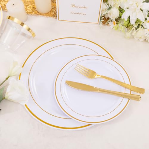 350PCS Clear Gold Plastic Dinnerware Set for 50 Guests, Disposable Plates, Cups & Silverware N692