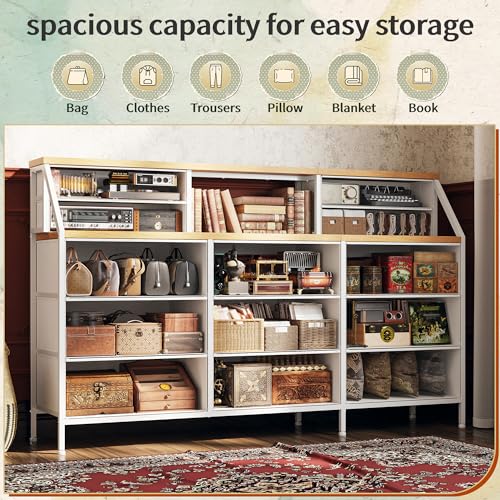 55" Dresser with 13 Fabric Drawers and 2 Open Shelves, Rustic Brown K688