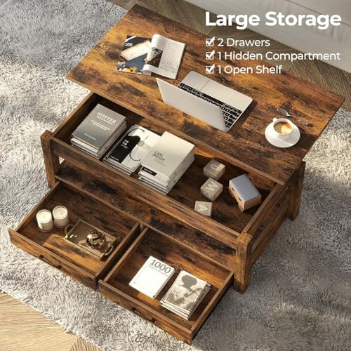 Lift Top Coffee Table with Drawers and Hidden Compartment, Wooden Retro Design for Living Room N4328