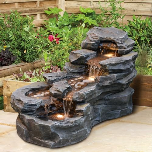 37" Outdoor Garden Water Fountain, 5-Tier Rock Waterfall with LED Lights H197