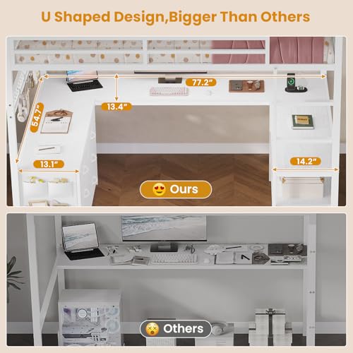 Loft Bed Full Size with U-Shaped Desk, Storage Drawers, Power Outlet, LED, Safety Guardrail & Ladders P611917