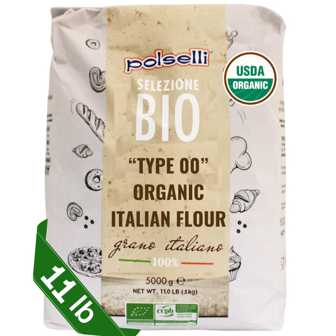 Organic Flour, Type "00", 100% Italian Grain, Double Zero Flour, OO Extra Fine, 11 lbs (5 kg), BIO, Neapolitan Italian Pizza, Bread, Pasta, All Natural, Unbleached, Unbromated, No Additives, Polselli