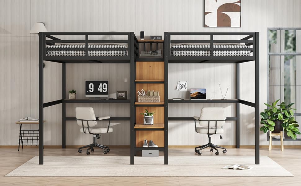 Metal Loft Bed with Wardrobe and L-Shaped Desk, Full Size with Storage Cubes and Shelves J450846