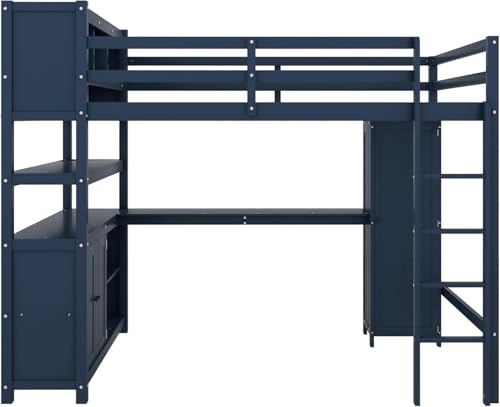 Full Size Loft Bed with Wardrobe and L-Shaped Desk, Metal with Storage Cubes, White Q15057