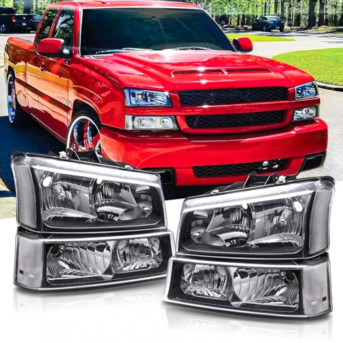 Headlights Assembly with LED Sequential Signal for Chevy Silverado Avalanche 2003-2006, Black Housing V223796