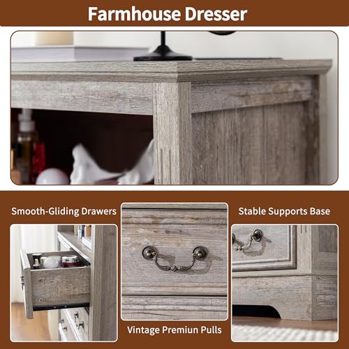 6-Drawer Dresser with Charging Station and LED Light, Vintage Gray R907