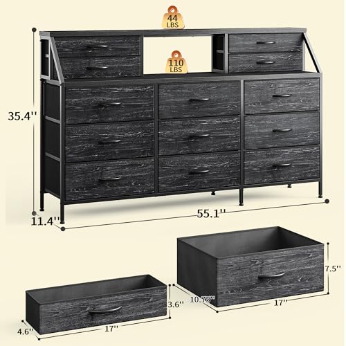 55" Dresser with 13 Fabric Drawers and 2 Open Shelves, Rustic Brown K688