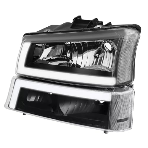 Headlights Assembly with LED Sequential Signal for Chevy Silverado Avalanche 2003-2006, Black Housing V223796