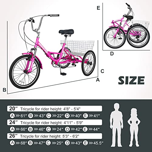 Adult Folding Tricycle 7 Speed 20/24/26 Inch 3 Wheel Bike with Large Basket A30463