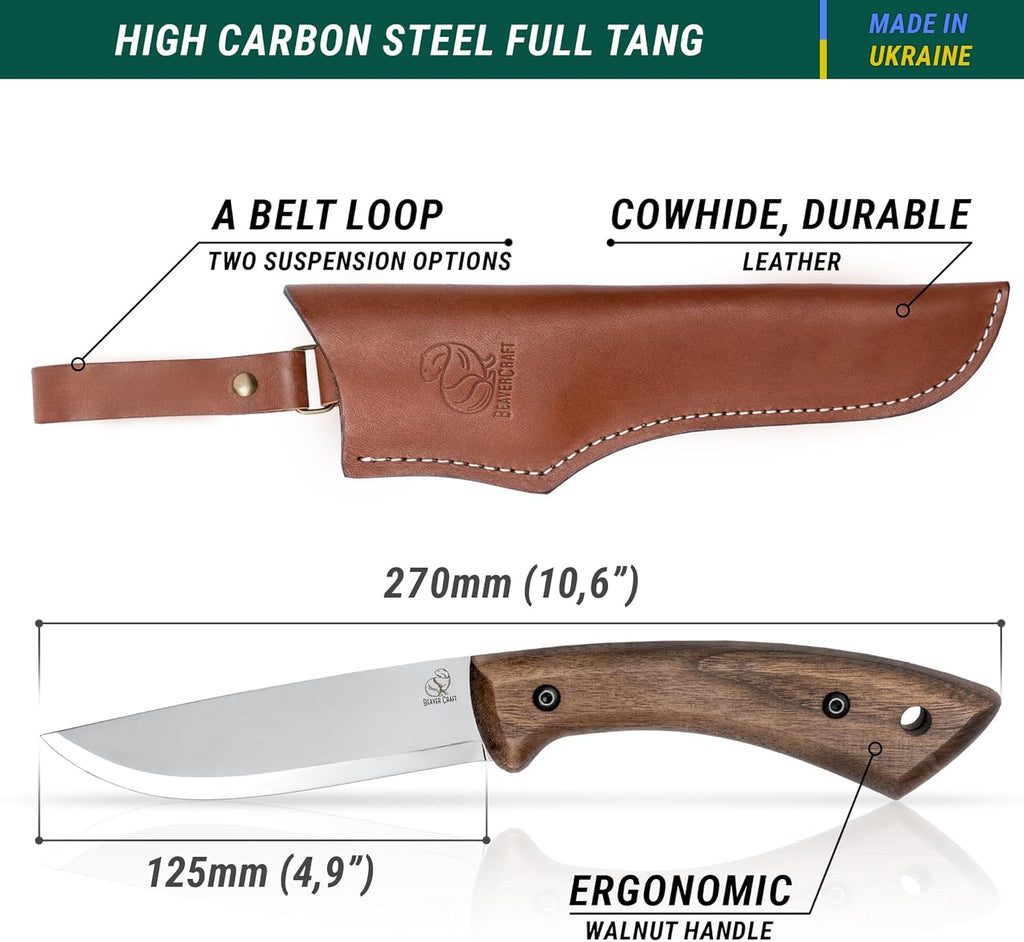 Bushcraft Knife Fixed Blade with Leather Sheath, Full Tang Carbon Steel Camping Knife E843419