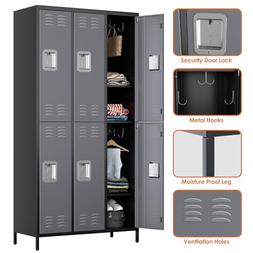 6 Door Metal Storage Locker with 18 Hooks, Black & Dark Grey K6611