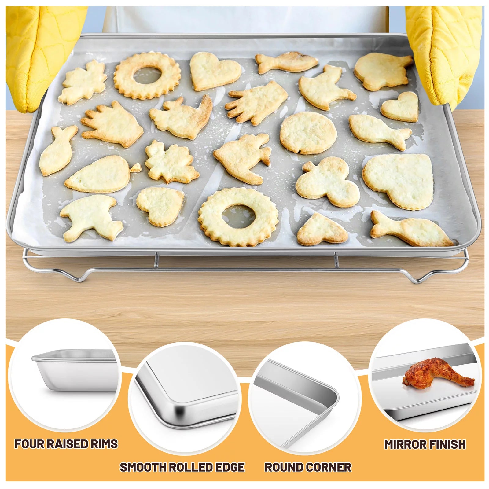 Extra Large Baking Sheet and Rack Set of 4, Stainless Steel Cookie Half Sheet Pan Rectangle B5431