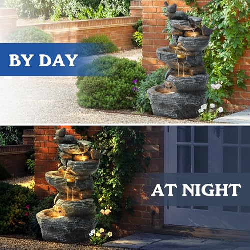 5-Tier Cascading Rock Water Fountain Outdoor Garden with Lights N292007