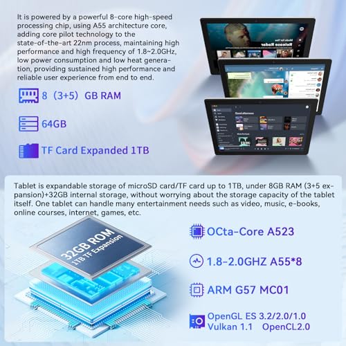 10.1 inch Android 14 Tablet with 64GB Storage, Octa-Core Processor H970