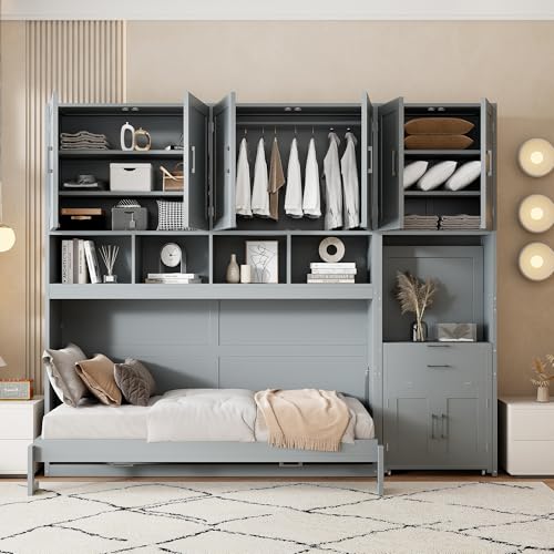 Wall Bed with Storage Cabinet and Desk, Folding Frame for Guestroom, Grey K678830