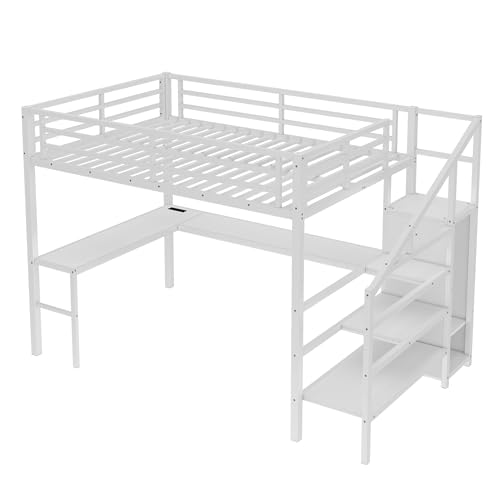 Queen Size Loft Bed with LED Lights, USB Ports and L Shaped Desk T2498