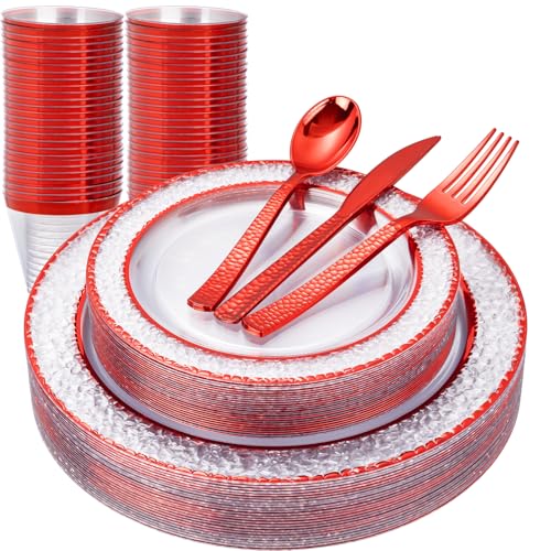 350PCS Clear Plastic Plates with Gold Trim for 50 Guests, Disposable Dinnerware Set O686017