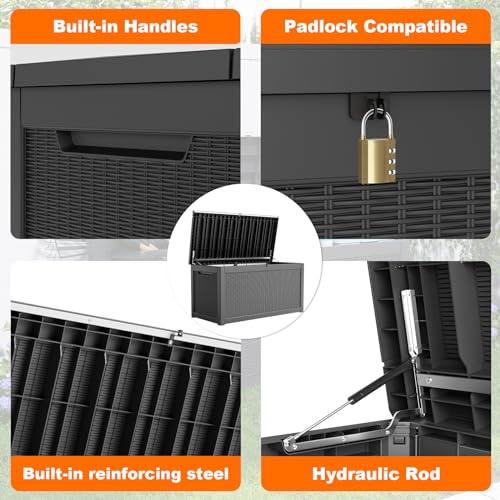 100 Gallon Resin Deck Box, Lockable Patio Outdoor Storage, Waterproof - Black F75230